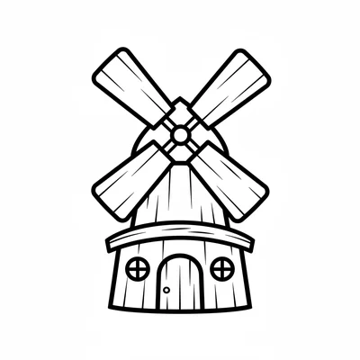 A simple wooden windmill viewed from the front, with four large flat blades coloring page