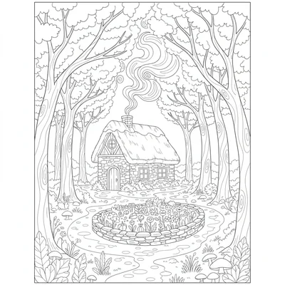 A woodland cottage clearing scene with a small thatched-roof cottage coloring page