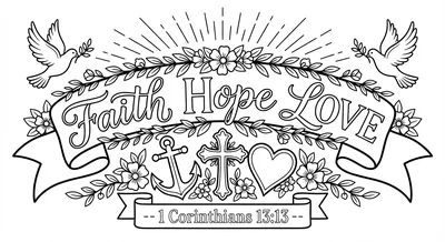 Render the exact text 'FAITH HOPE LOVE' in Graceful Modern… coloring page