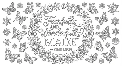 Render the exact text 'FEARFULLY AND WONDERFULLY MADE' in G… coloring page
