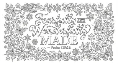 Render the exact text 'FEARFULLY AND WONDERFULLY MADE' in G… coloring page