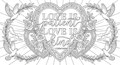 Render the exact text 'LOVE IS PATIENT LOVE IS KIND' in Gra… coloring page