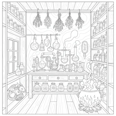 A alchemy workshop with shelves of labeled bottles, a central workbench coloring page