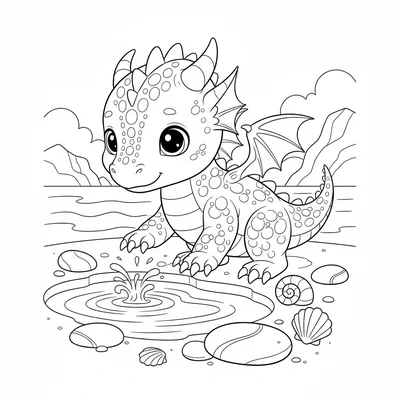 A baby dragon exploring a tide pool, one front claw dipped into the water coloring page