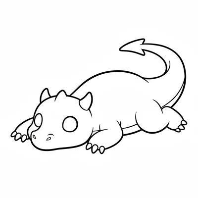 A baby dragon lying flat on its belly with all four legs splayed outward, head coloring page