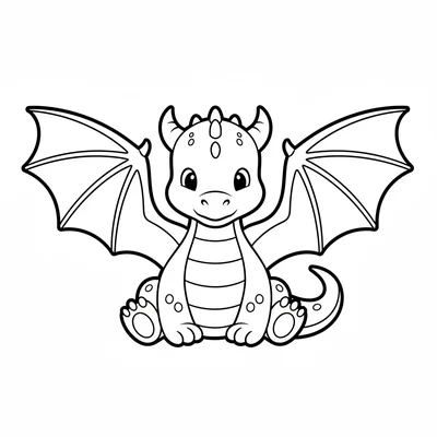 A baby dragon sitting with its wings fully spread to either side, showing coloring page