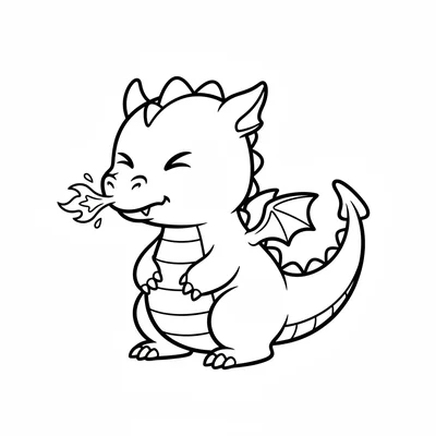 A baby dragon sneezing with a tiny burst of flame coming from its nose, eyes coloring page