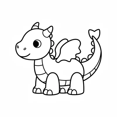 A baby dragon standing on all four legs, head tilted to one side, small tail coloring page