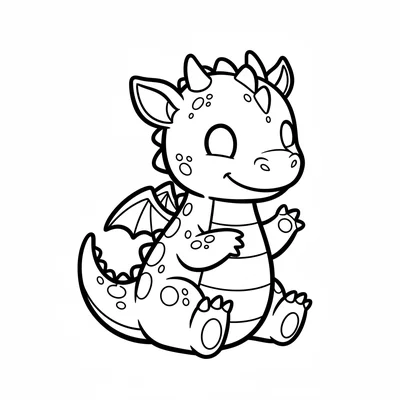 A baby dragon with a spotted pattern on its back sitting on its haunches, front coloring page