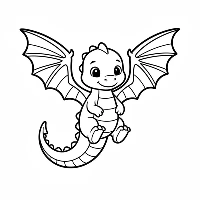 A baby dragon with rainbow-striped wings outstretched, flying upward, legs coloring page