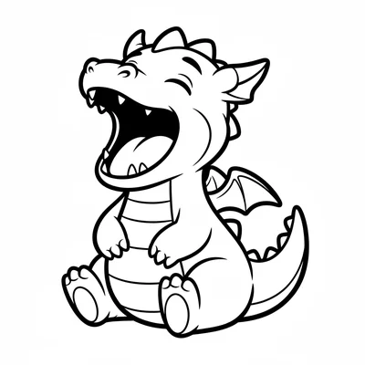 A baby dragon yawning with its mouth wide open, showing a row of simple blunt coloring page