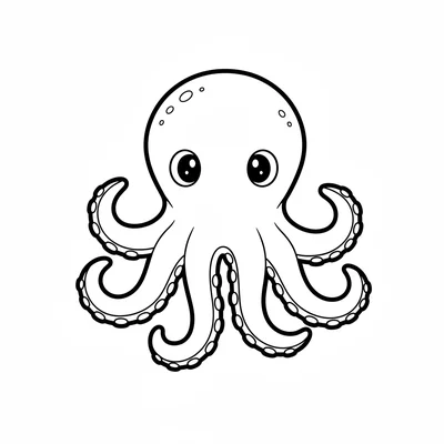 A baby kraken as a small round body with 4 large tentacles curling below it coloring page