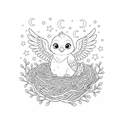 A baby phoenix perching in a nest of silver branches, its flame tail still coloring page