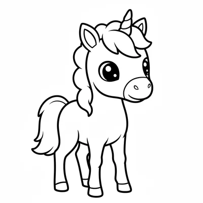 A baby unicorn foal with spindly legs standing on all four, very large head coloring page