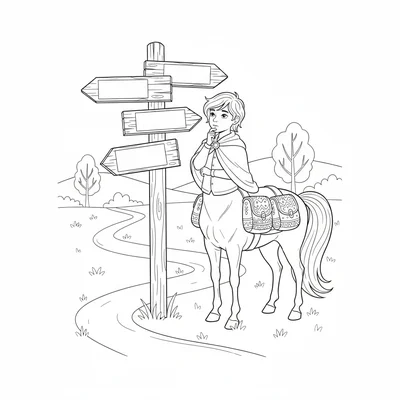 A centaur at a crossroads reading a signpost with several pointing arms, one coloring page