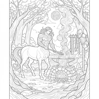 A centaur blacksmith forge in a forest clearing, open-air with a stone forge coloring page
