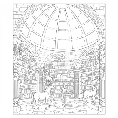 A centaur library in an open stone atrium, shelves of scrolls on the walls coloring page