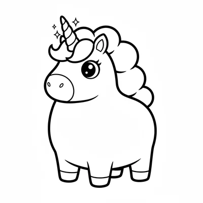 A chubby cartoon-style unicorn with a very large round body, short stubby legs coloring page