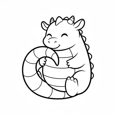 A chubby dragon with a striped belly sitting and hugging its own round tail coloring page
