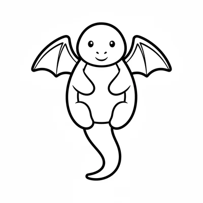 A chubby dragon with big round wings hovering in place, legs tucked under its coloring page