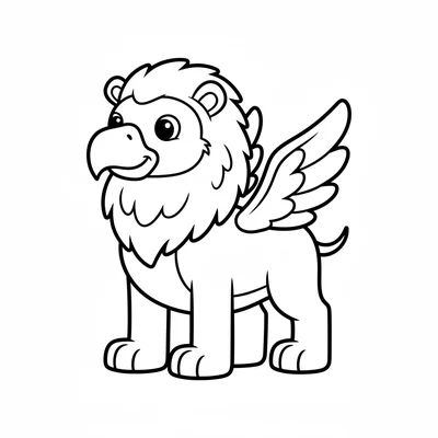A chunky griffin with a large lion body and an eagle head, four thick legs coloring page