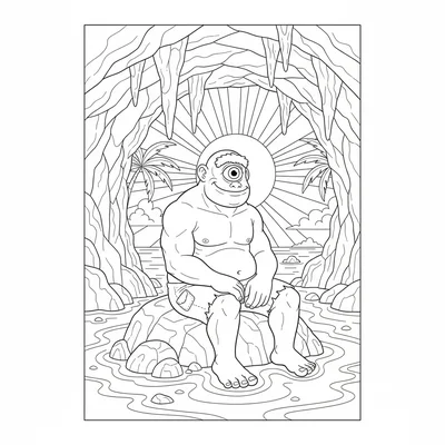 A cyclops sitting on a boulder in a coastal cave, its single large eye watching coloring page