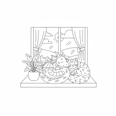 A dragon and a cat napping together on a sunny windowsill, the dragon curled coloring page