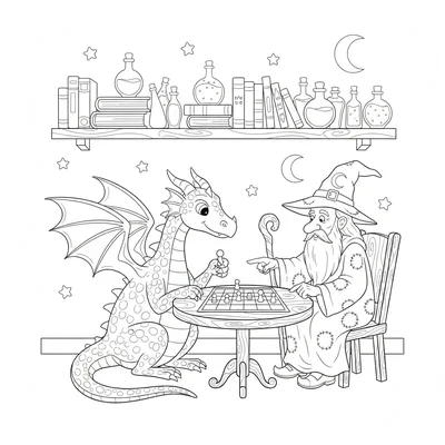 A dragon and a wizard playing a board game on a small table, the dragon seated coloring page