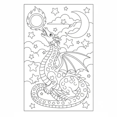 A dragon breathing a ring of fire into the night sky, head raised, neck arched coloring page