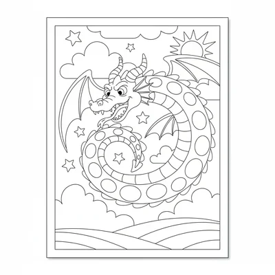 A dragon chasing its own tail in circles, body forming a loose spiral, head coloring page