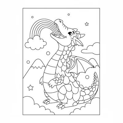 A dragon enjoying a rainbow, mouth open wide drinking the arching stream coloring page