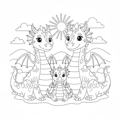 A dragon family portrait with a large mother dragon, a mid-size father dragon coloring page
