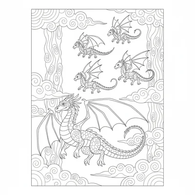 A dragon flight school with young dragons learning formation flying against coloring page
