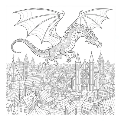 A dragon flying over a medieval fantasy city at dusk, the city below showing coloring page