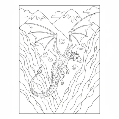 A dragon flying through a mountain pass, wings spread against steep cliff walls coloring page