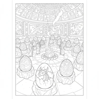 A dragon hatchery, a large circular chamber with dozens of eggs on heated rock coloring page