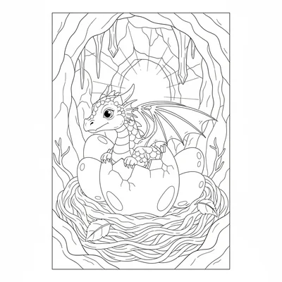 A dragon hatching from its egg inside a cozy cave, one large wing already coloring page