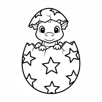 A dragon hatchling peering out of a large star-patterned egg that has cracked coloring page