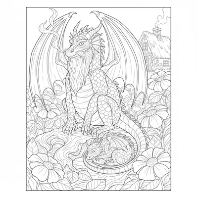 A dragon in retirement, an elderly dragon sitting in a garden of giant flowers coloring page