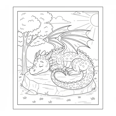 A dragon napping on a warm flat rock in sunshine, wings folded flat, tail coloring page
