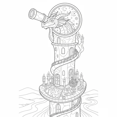 A dragon observatory on a high tower, the dragon's snout nudging a large coloring page