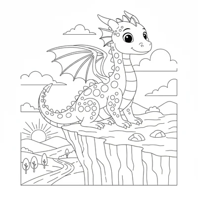 A dragon perched on a rocky cliff edge overlooking a distant valley, its wings coloring page
