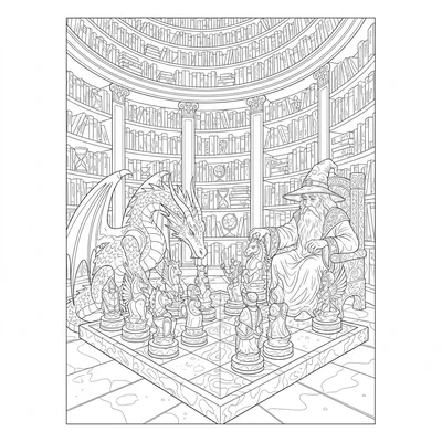 A dragon playing chess against a wizard on an oversized stone board, the pieces coloring page