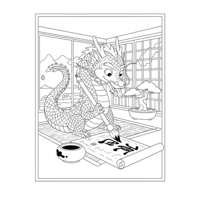 A dragon practicing calligraphy with its tail as a brush, dabbing carefully coloring page