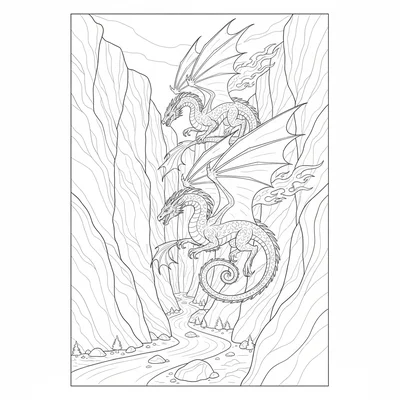A dragon racing another dragon through a canyon, both weaving between stone coloring page