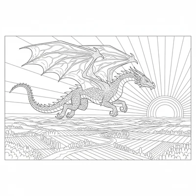 A dragon racing the dawn, flying east at speed toward a rising sun, wings coloring page