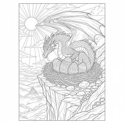 A dragon's nest on a clifftop at sunset, the mother dragon curled protectively coloring page