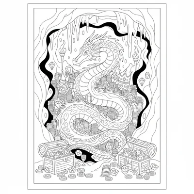 A dragon's treasure hoard filling a vast cave chamber, the dragon coiled coloring page