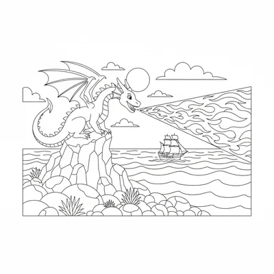 A dragon serving as a lighthouse replacement, sitting on a rocky shore coloring page