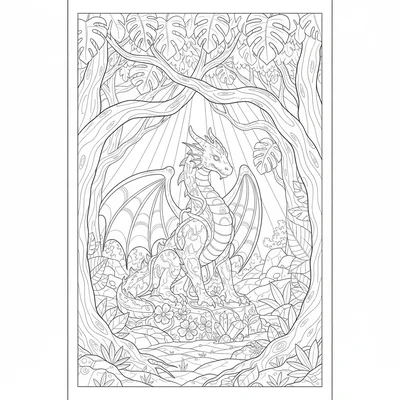 A dragon shrine in an ancient jungle clearing, a stone dragon statue coloring page